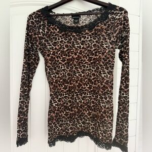 Moda International Leopard Print Long Sleeve Lace Top with Lace Trim
